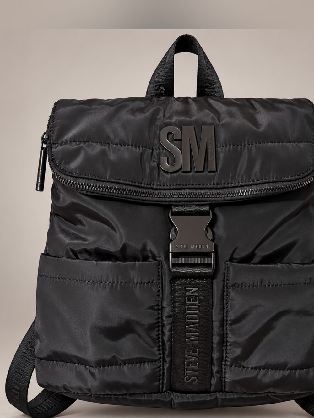 Steve Madden Black Mini Backpack Trendy Puffer Nylon Utility Style Bag